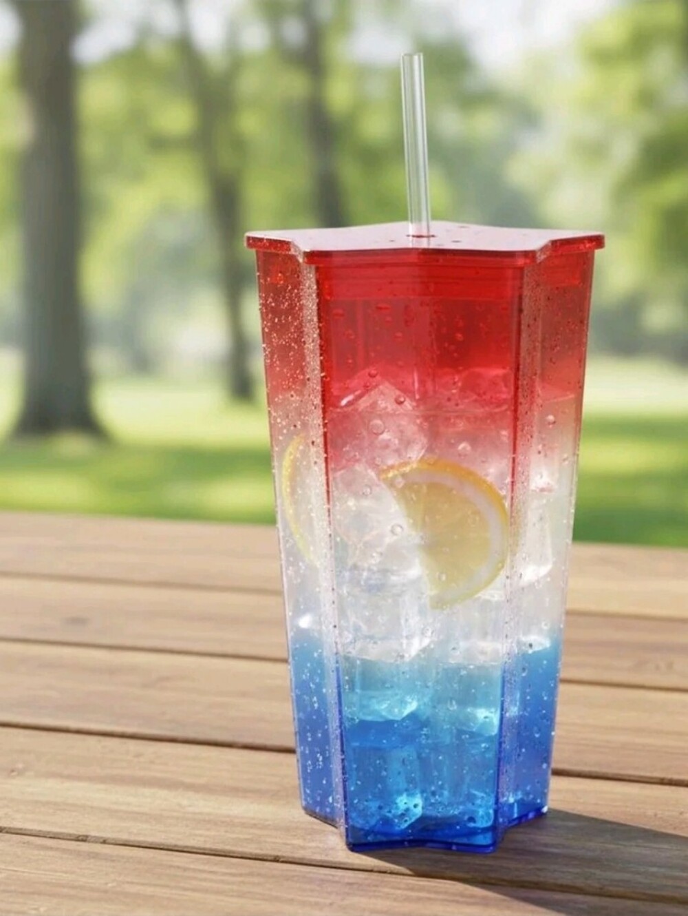 Tumbler Star-Shaped Plastic with Straw, Red/White/Blue, 25 oz, Patriotic by Way